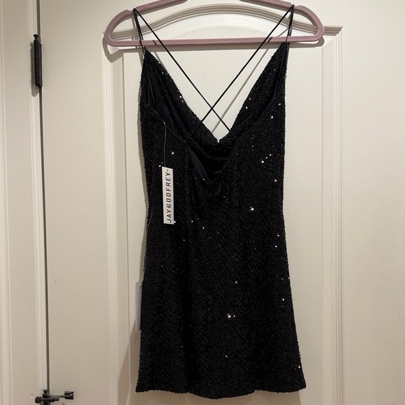 JAYGODFREY Black Sequin Cowlneck Mini Dress with Crisscross Back - Picture 4 of 6